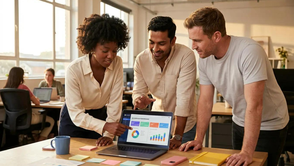 Business owner and team reviewing workflows and business operations.